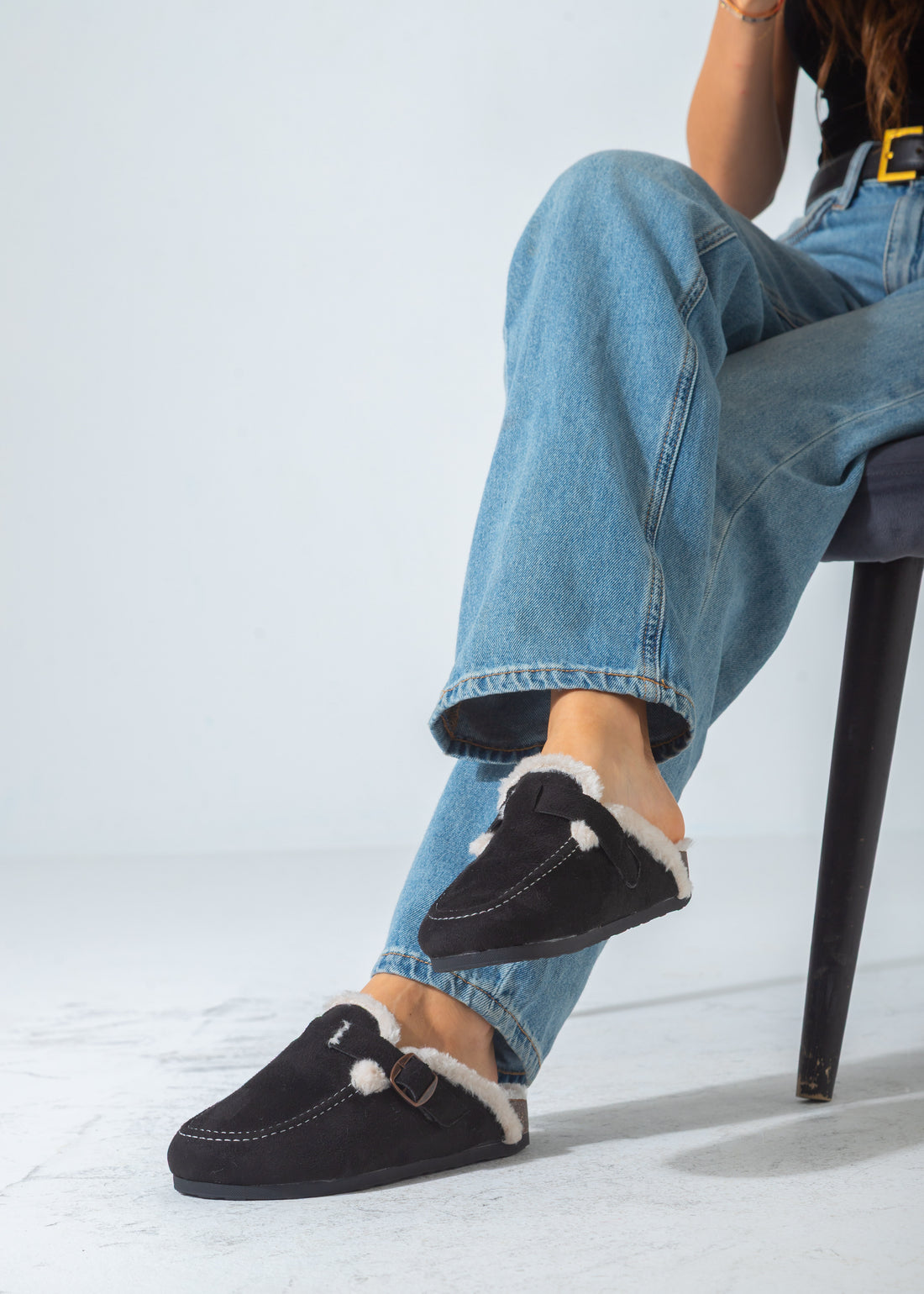 Faux-Fur Buckle Clogs-black