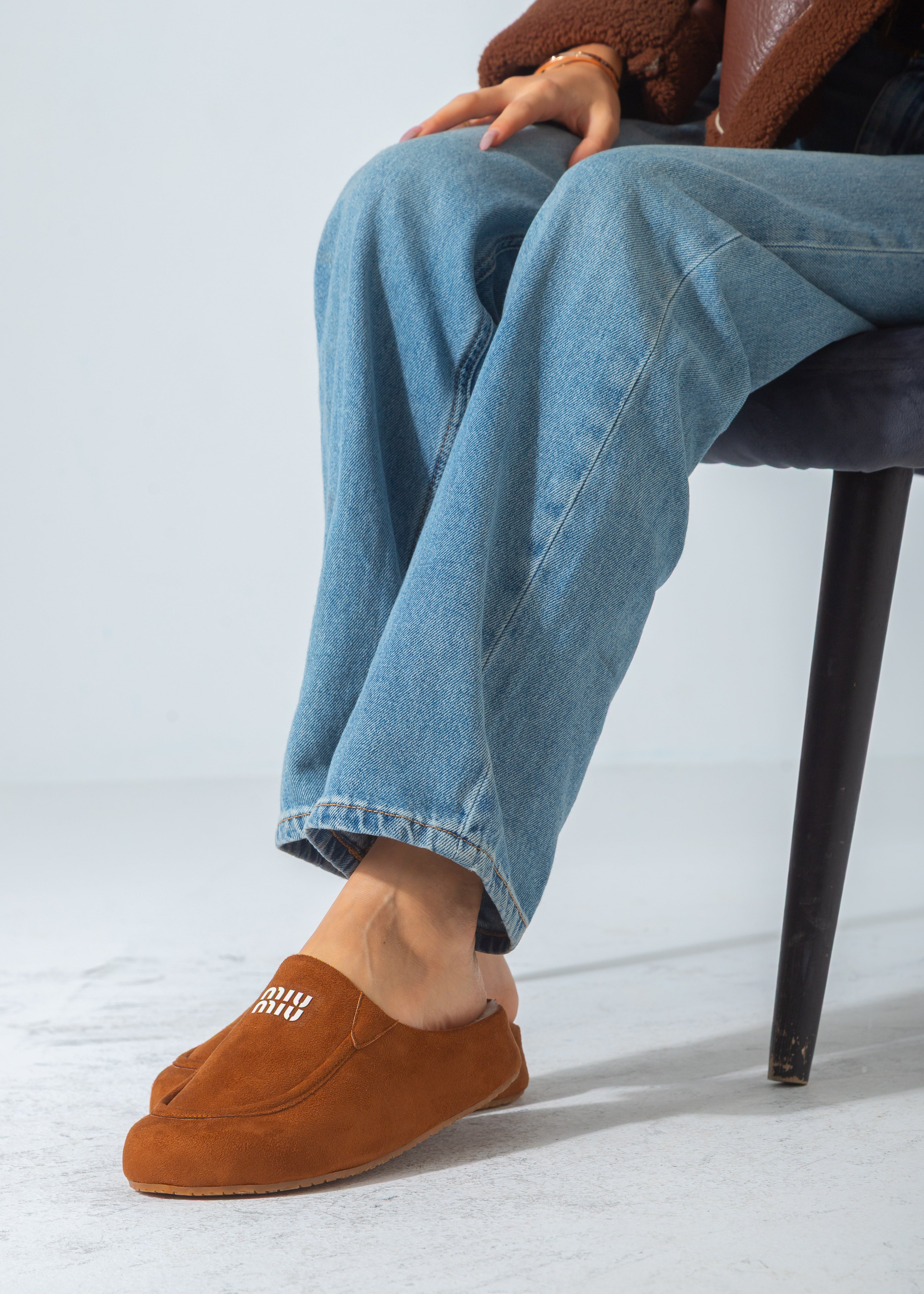 Suede Moccasin Backless Clogs-camel