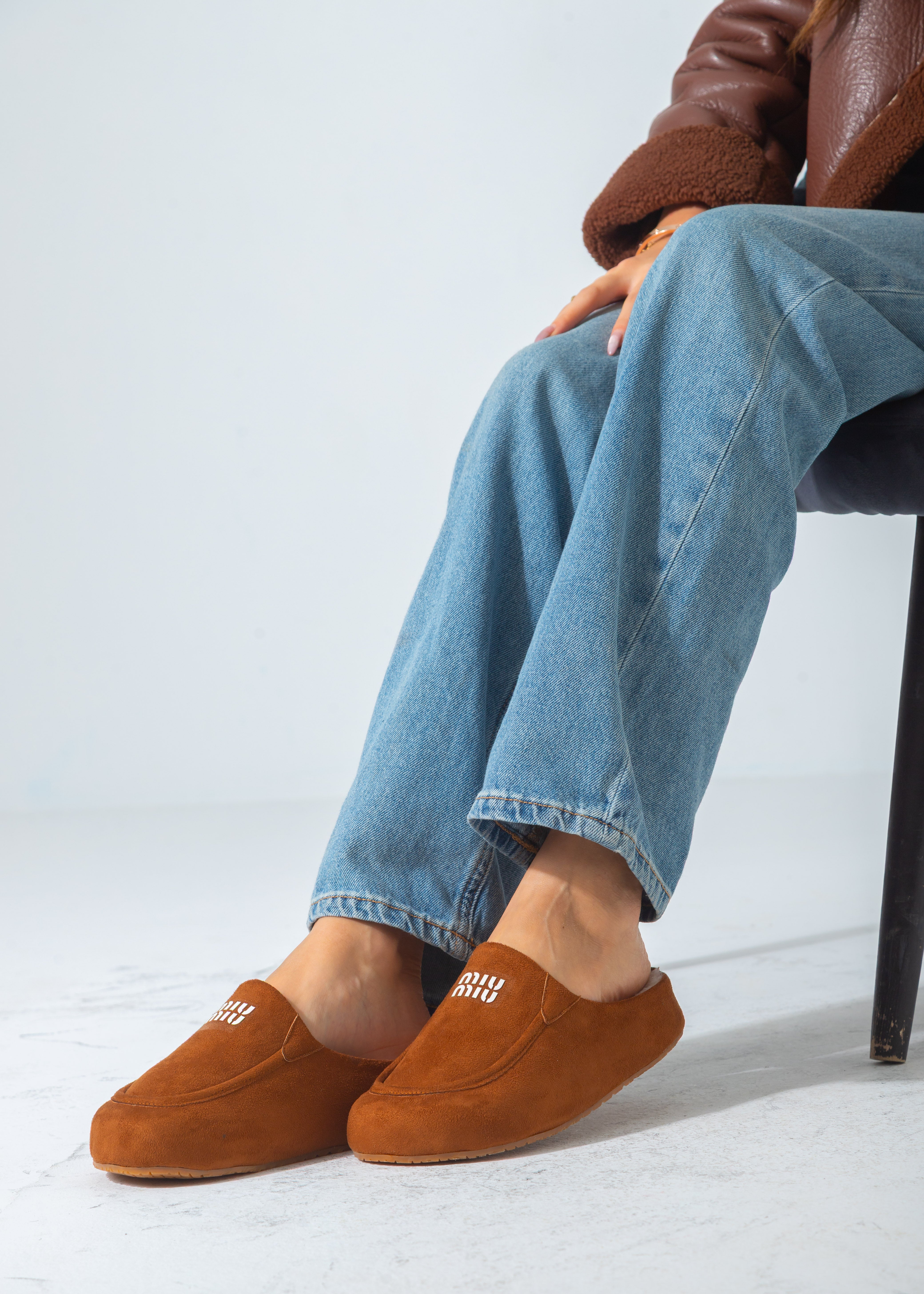Suede Moccasin Backless Clogs-camel