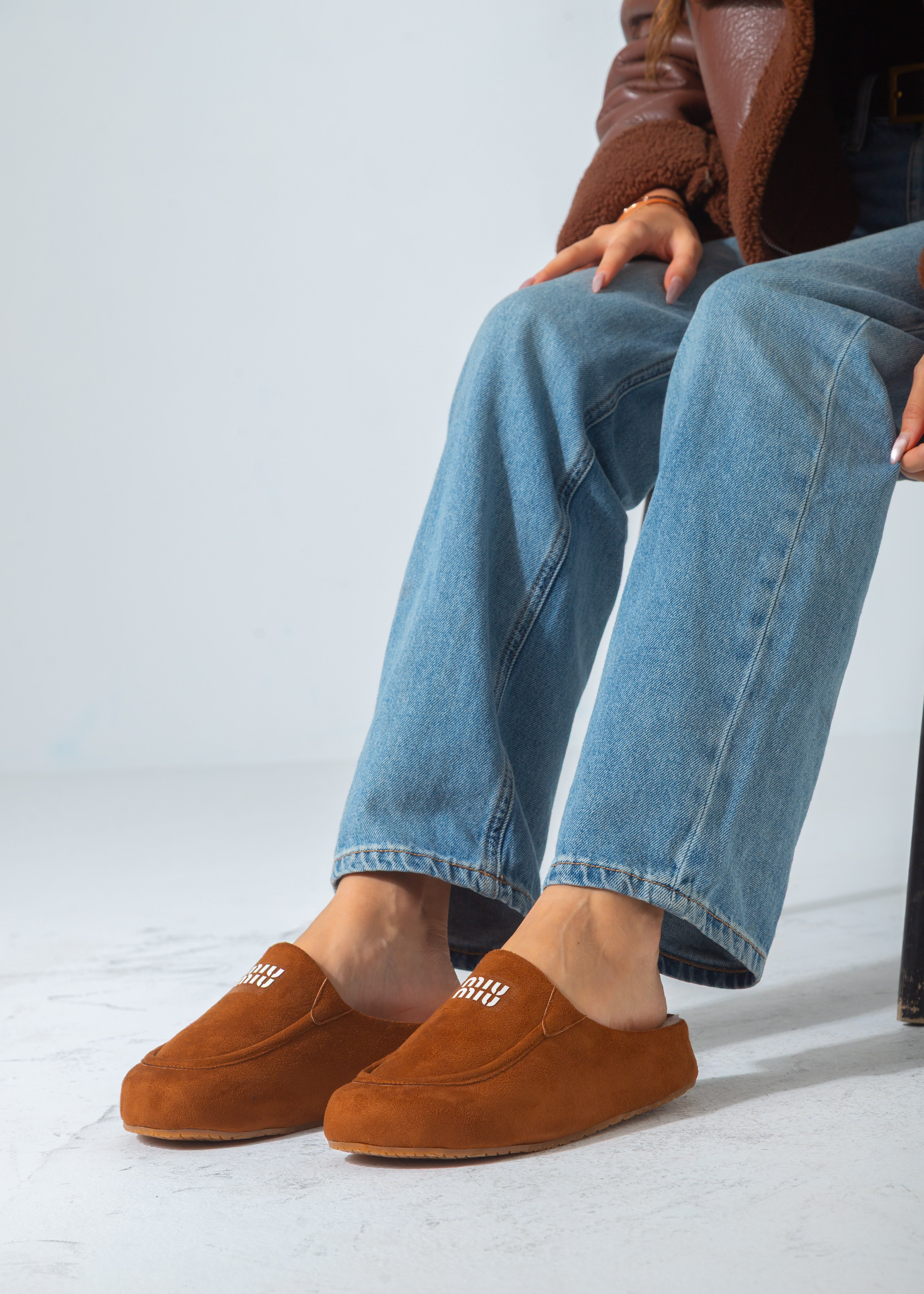Suede Moccasin Backless Clogs-camel
