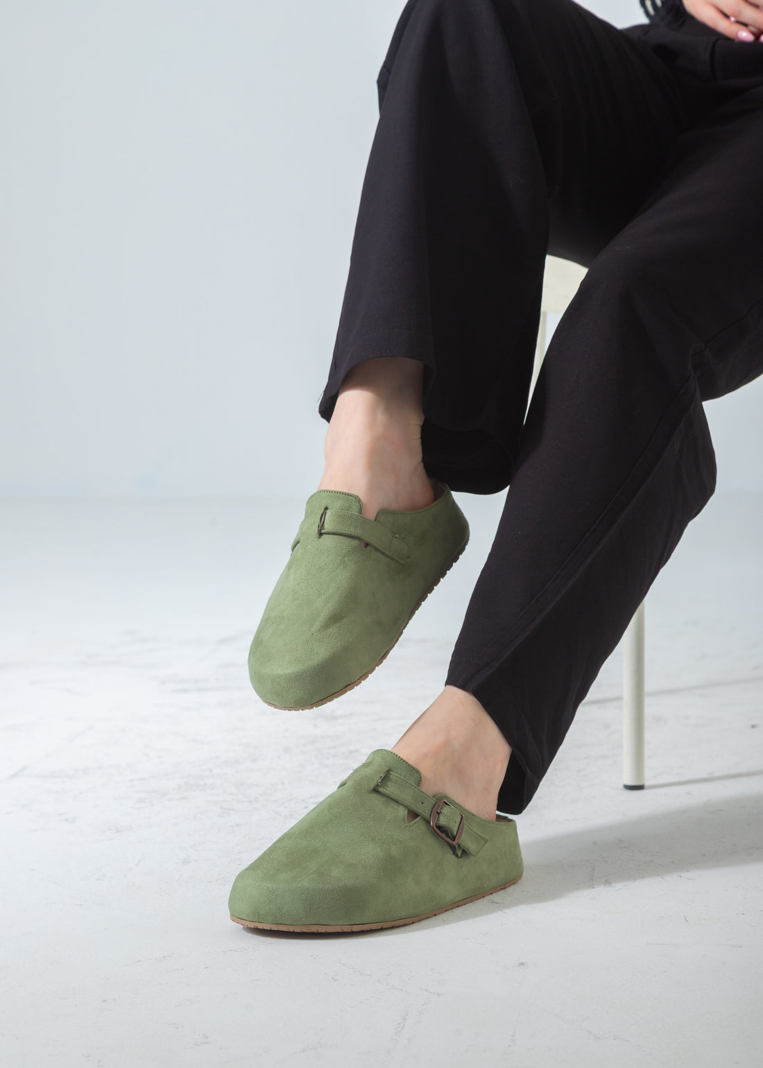 Suede Buckle Slip-On Mule Clogs-green