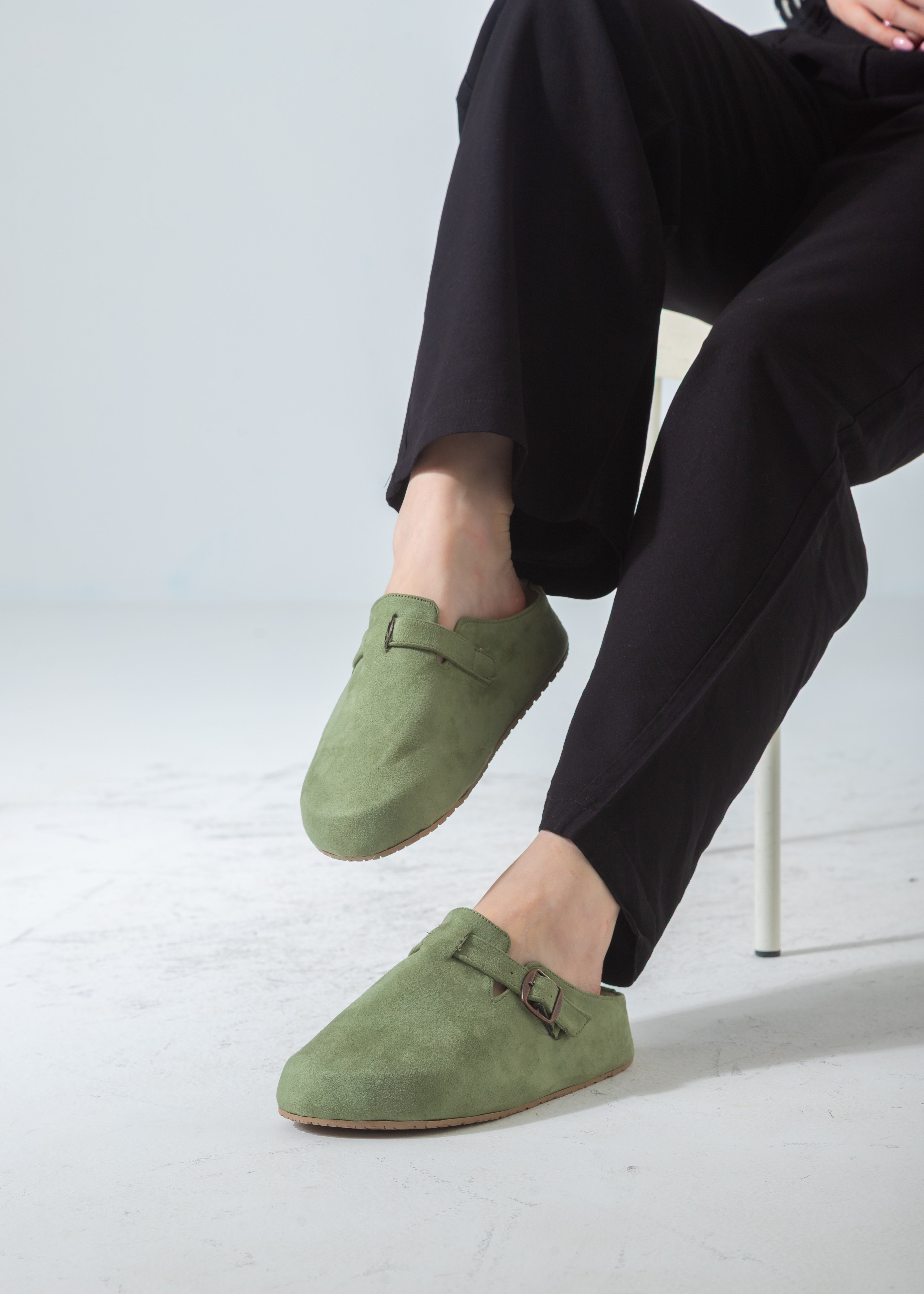 Suede Buckle Slip-On Mule Clogs-green