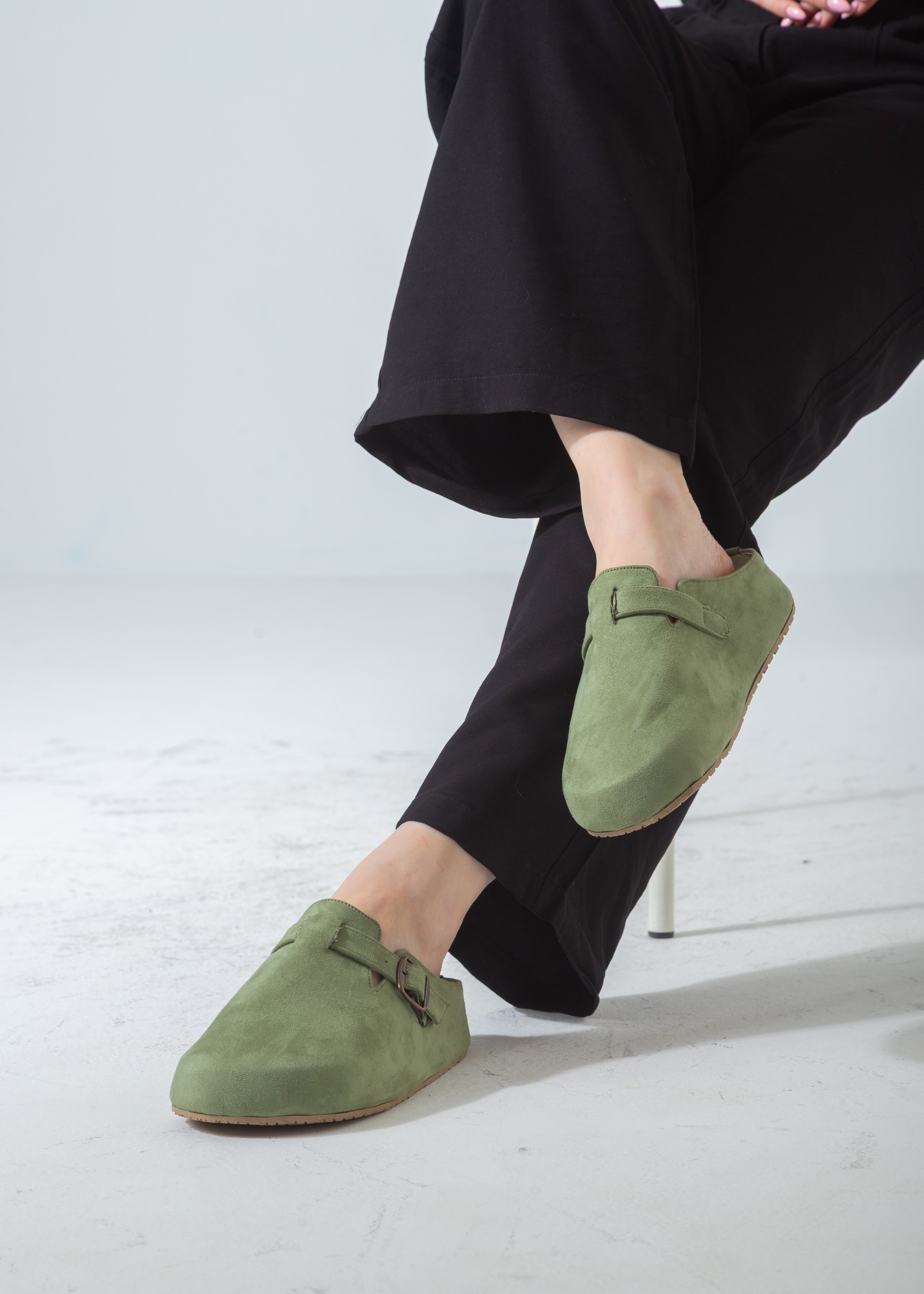 Suede Buckle Slip-On Mule Clogs-green