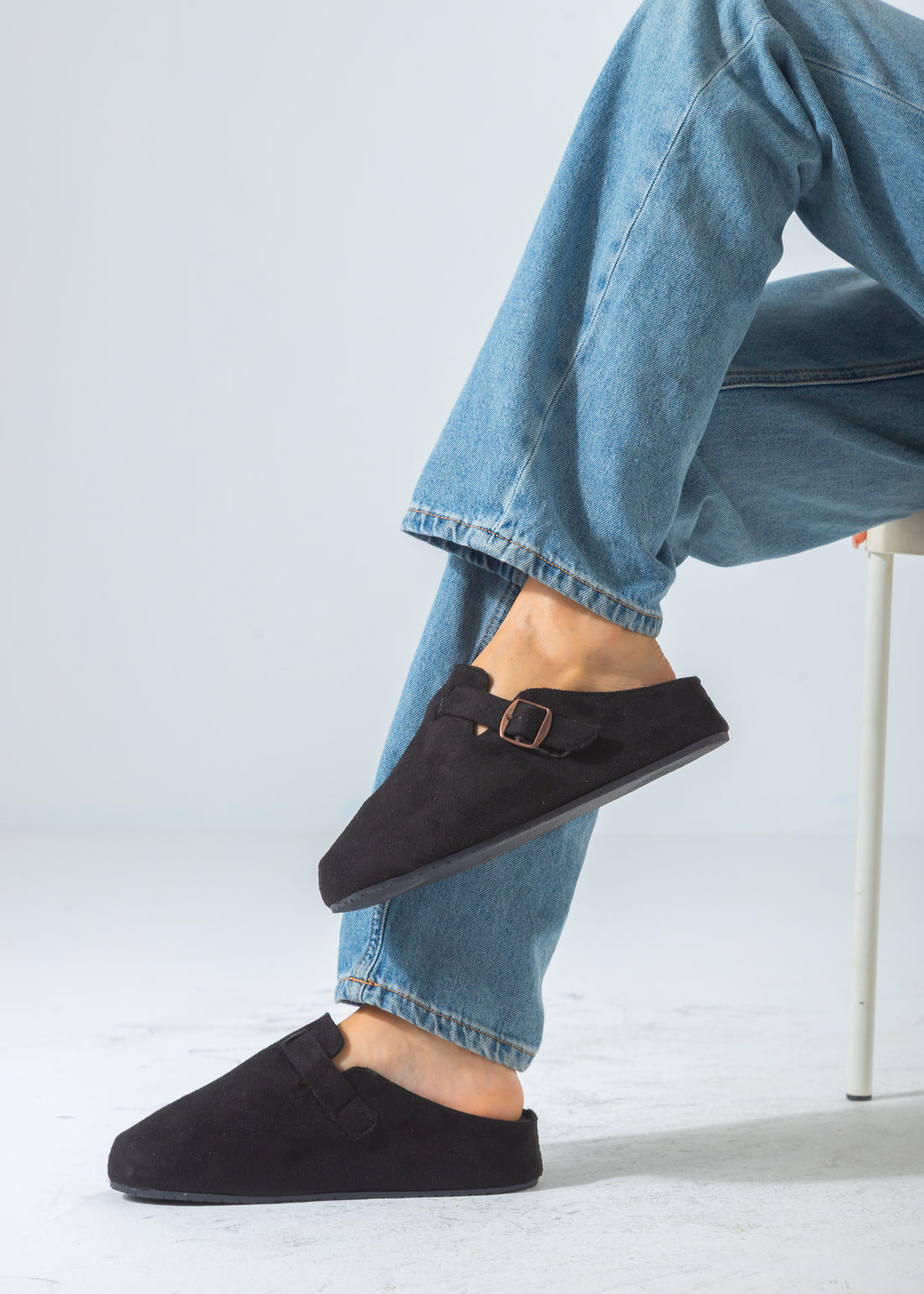 Suede Buckle Slip-On Mule Clogs-black