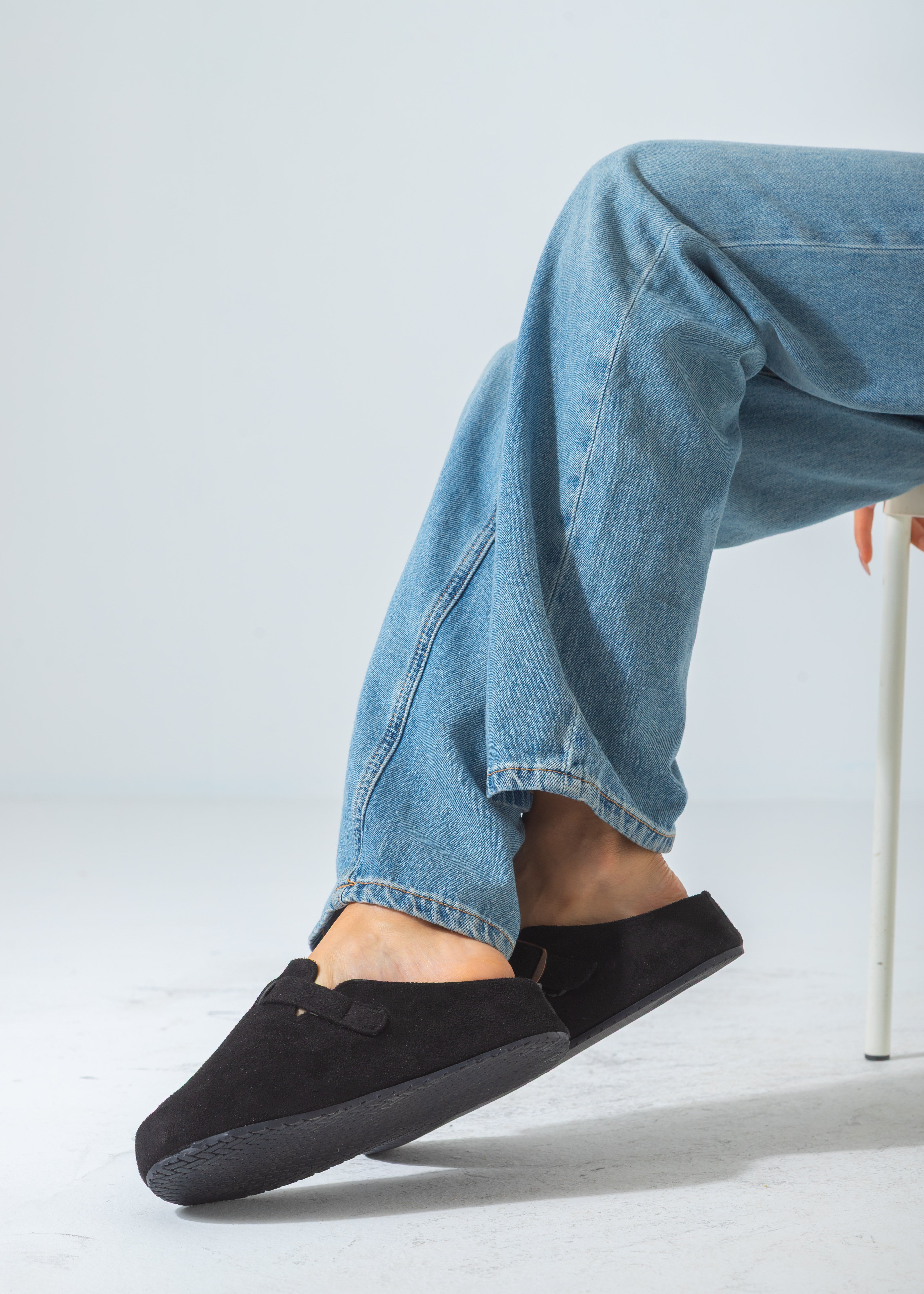 Suede Buckle Slip-On Mule Clogs-black