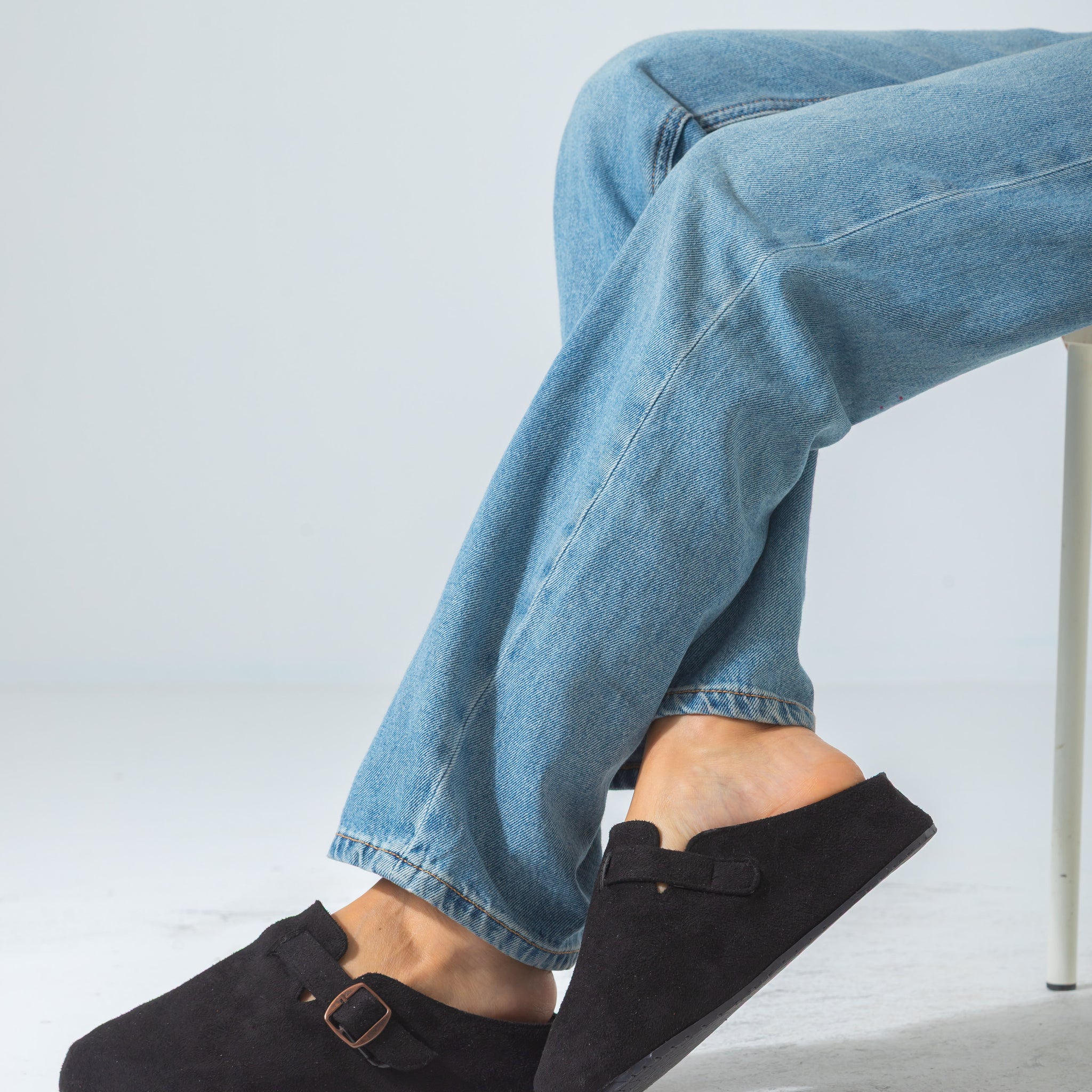 Suede Buckle Slip-On Mule Clogs-black