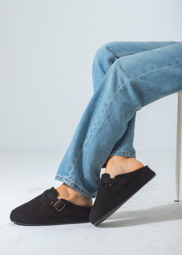 Suede Buckle Slip-On Mule Clogs-black