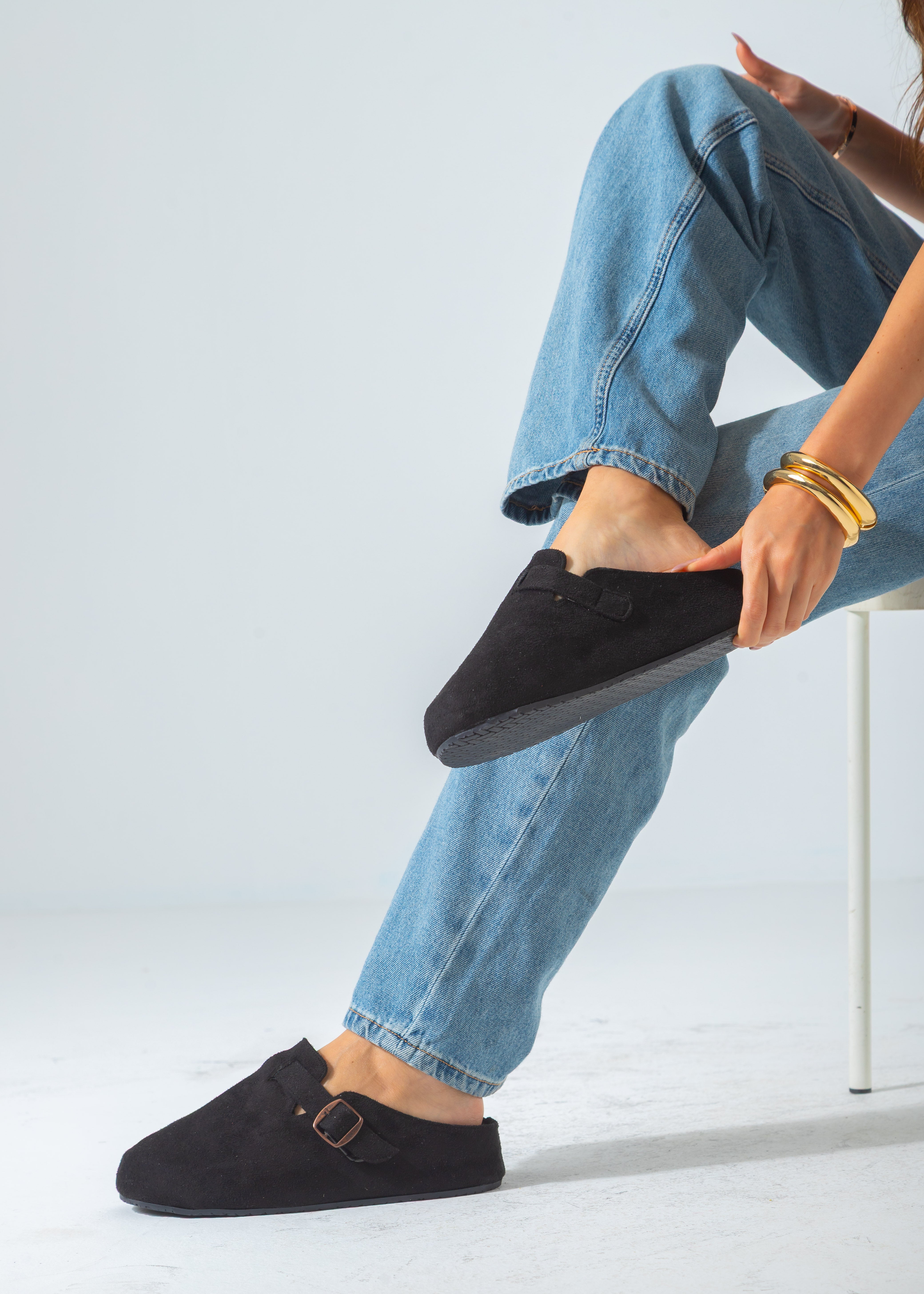 Suede Buckle Slip-On Mule Clogs-black