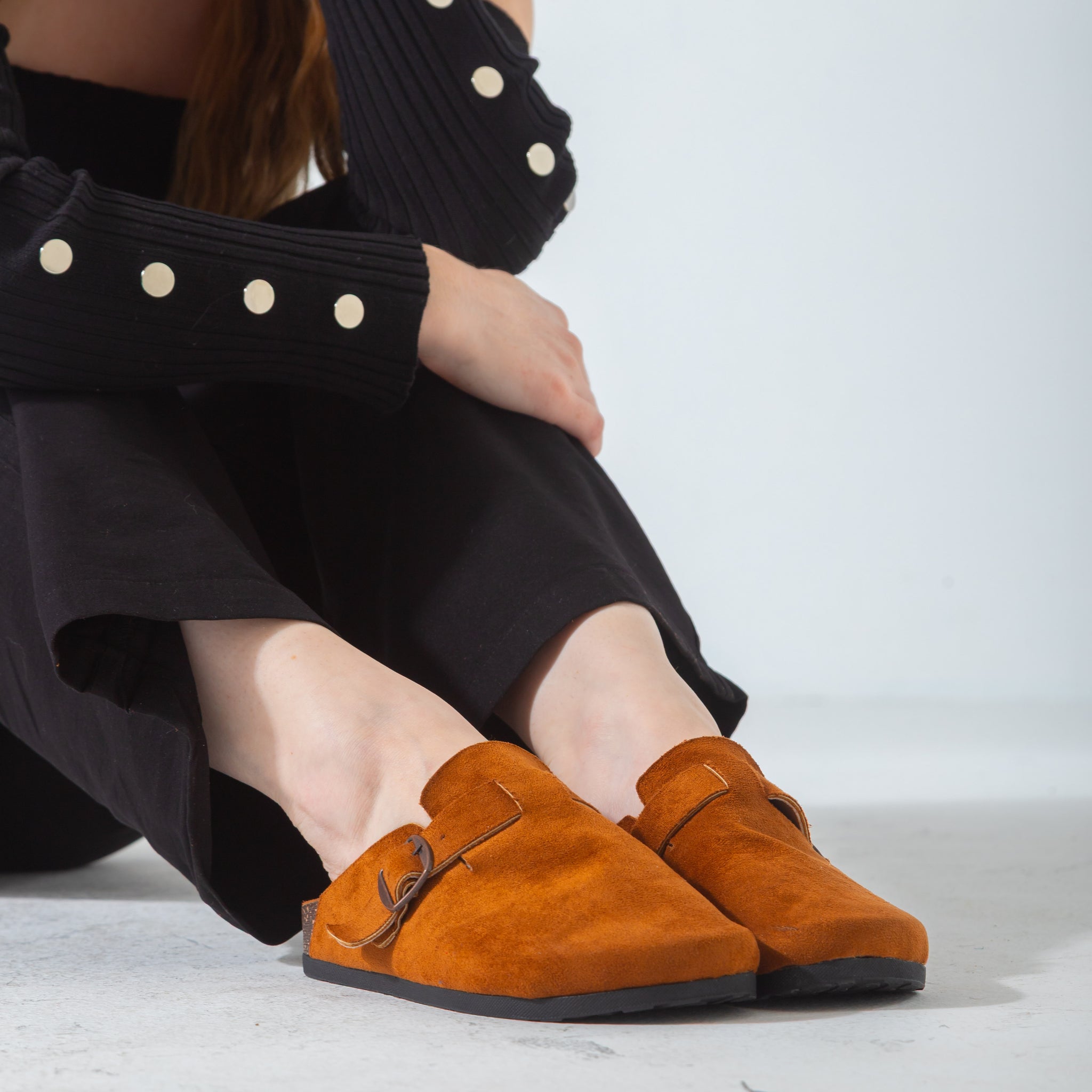 Suede Buckle Clog-camel