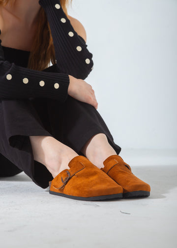 Suede Buckle Clog-camel