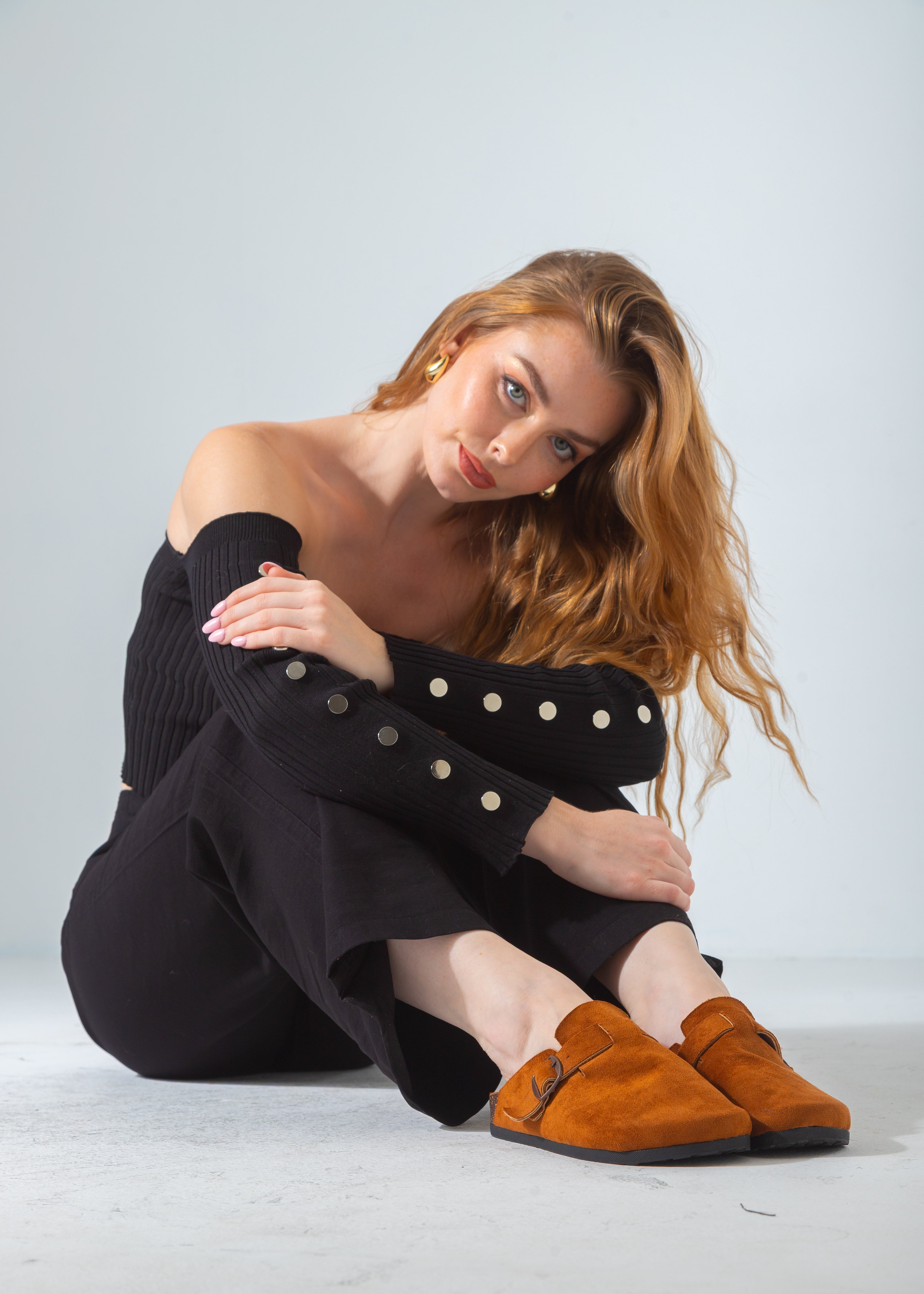 Suede Buckle Clog-camel