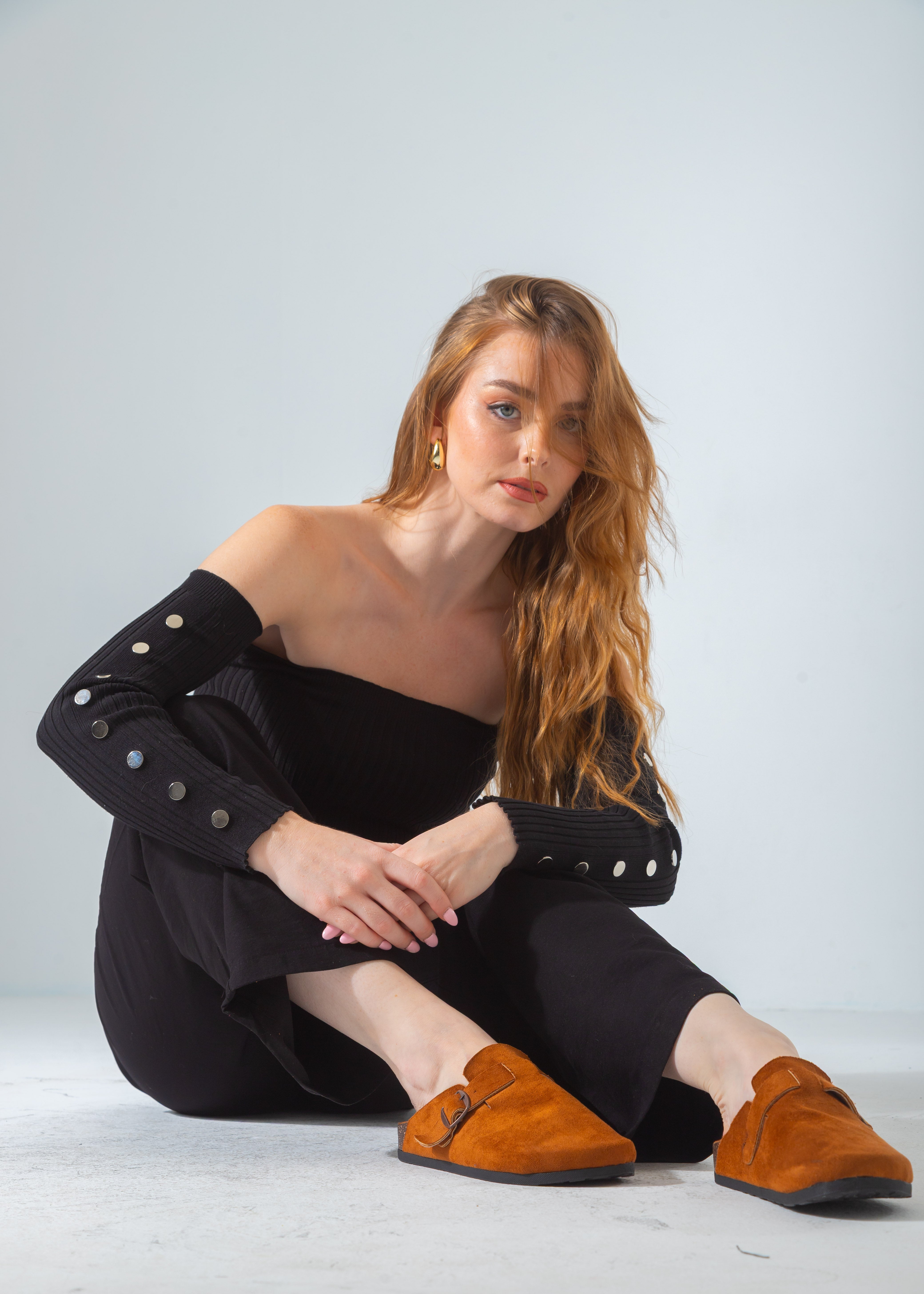 Suede Buckle Clog-camel