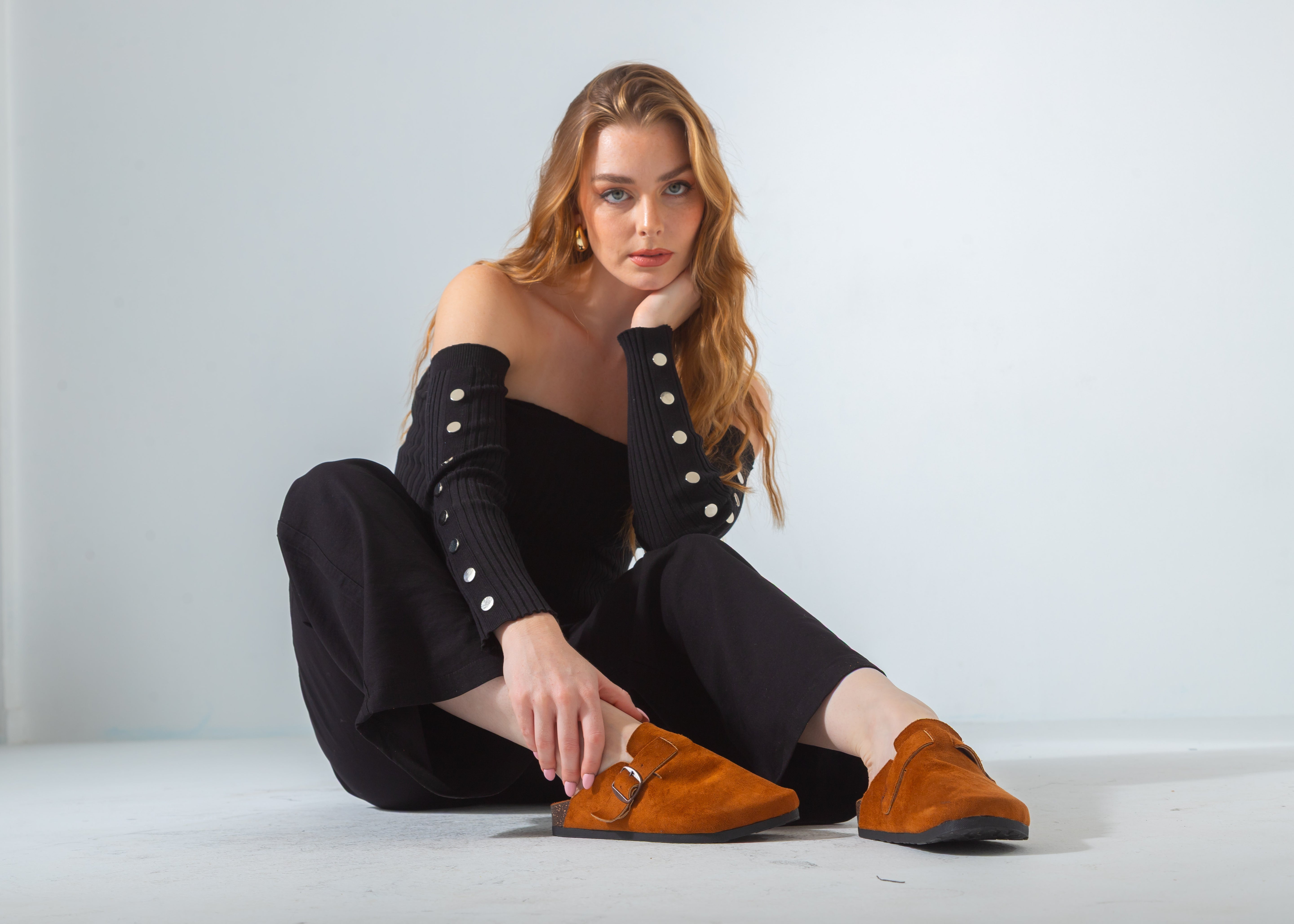 Suede Buckle Clog-camel