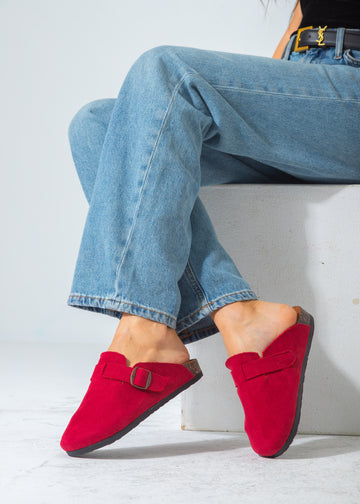 Suede Buckle Clog-red