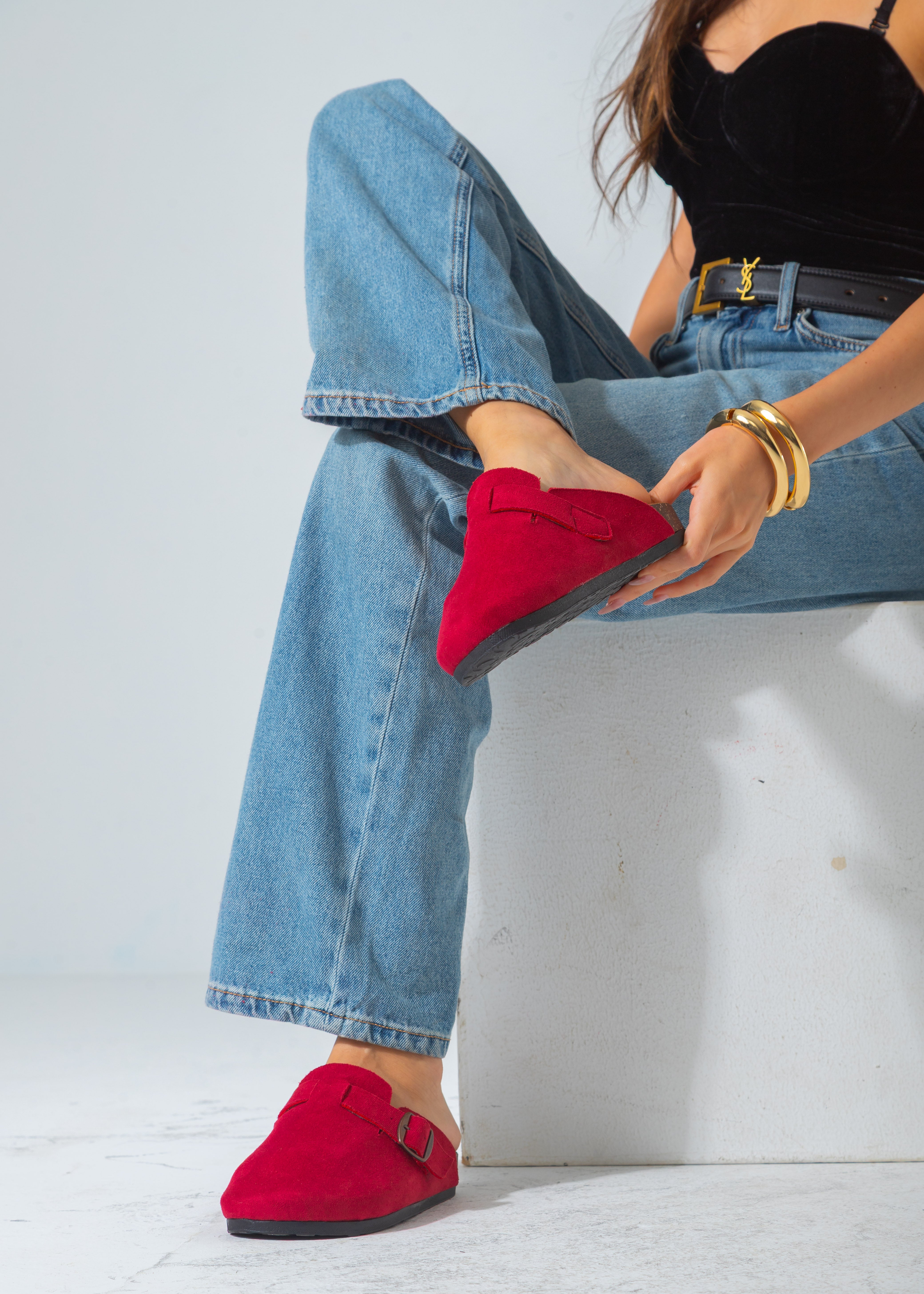 Suede Buckle Clog-red