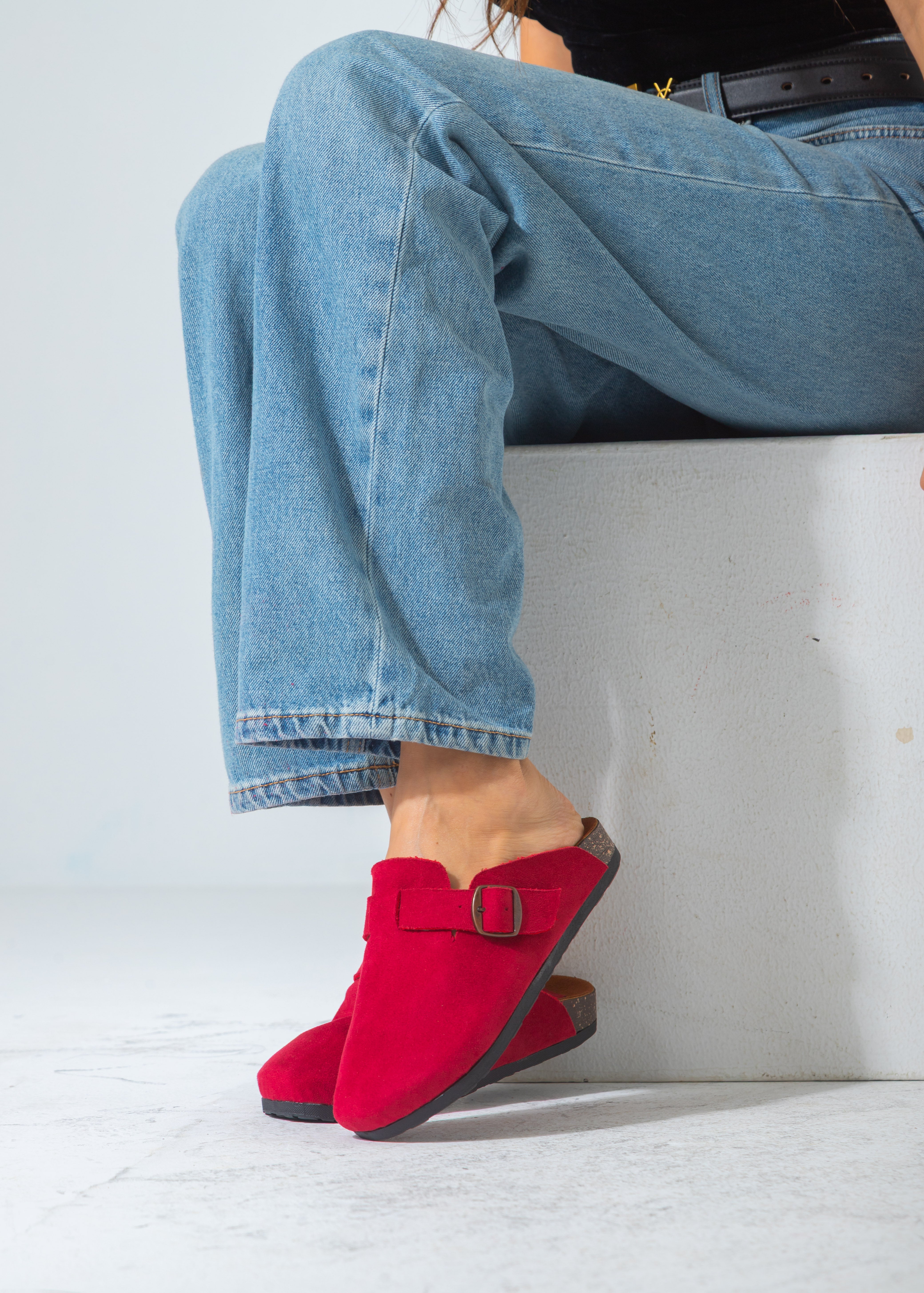 Suede Buckle Clog-red