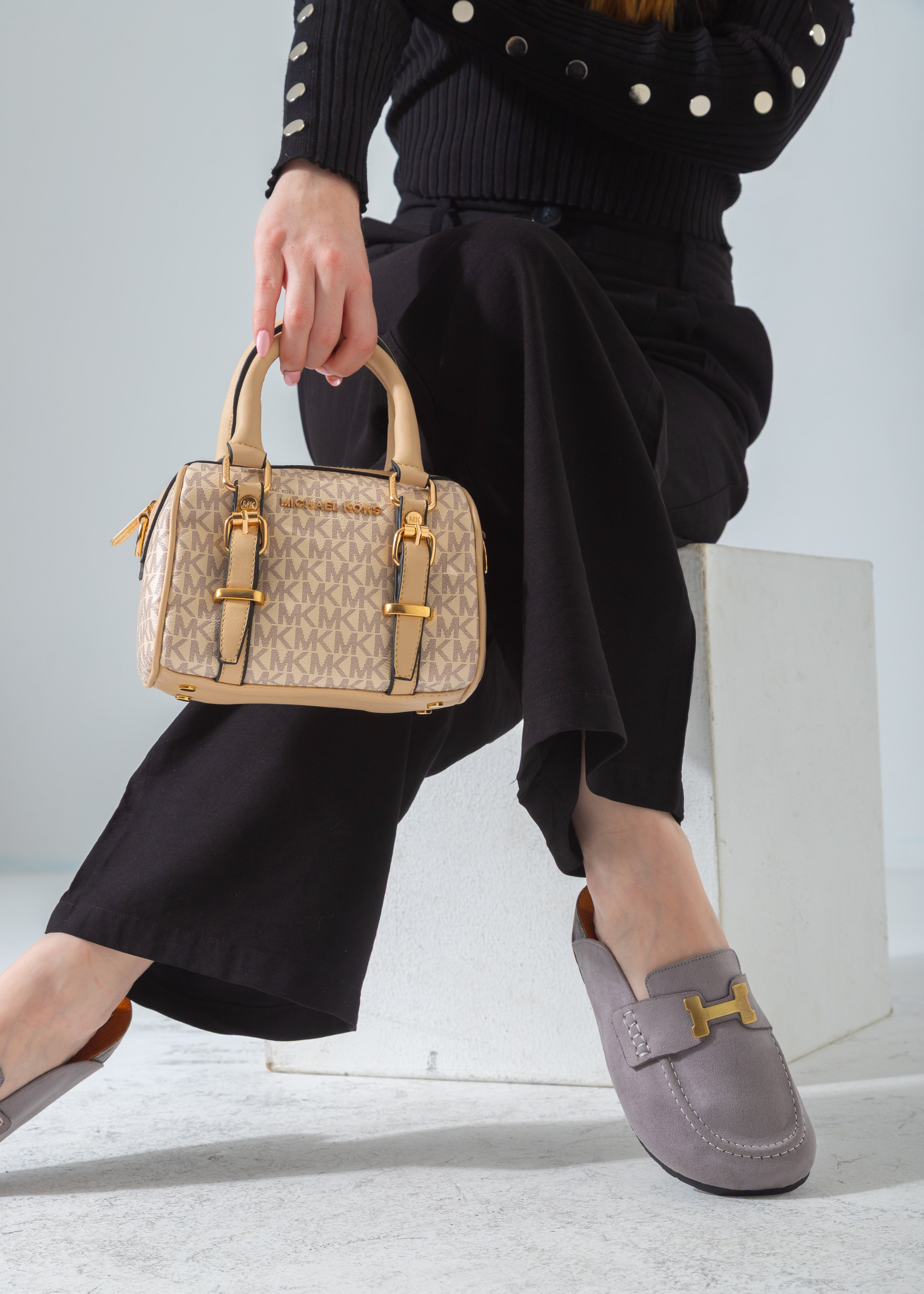 Buckled Mini Duffle Satchel Bag-beige