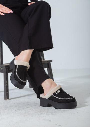 Suede Shearling-Lined Platform Clog-black