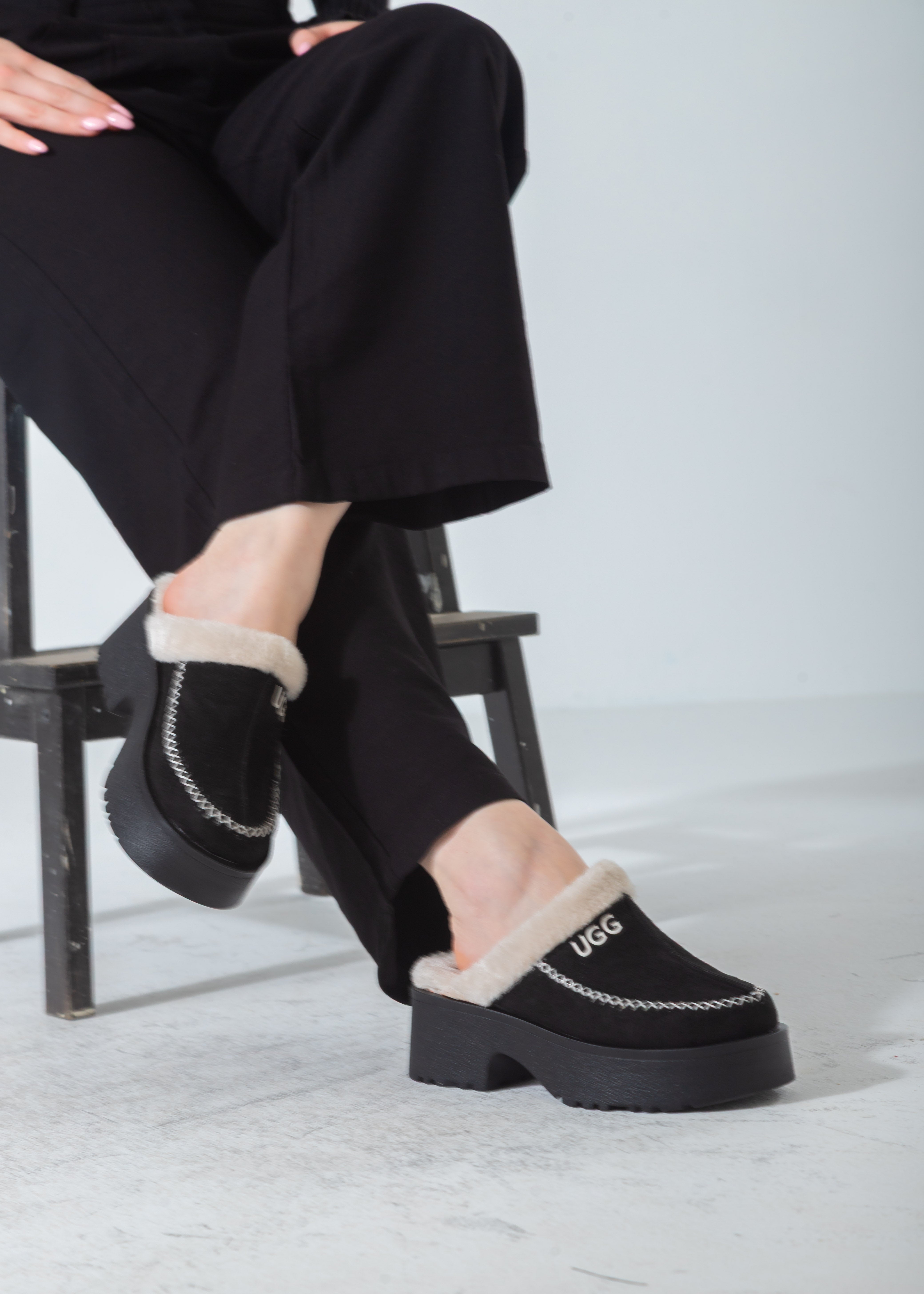 Suede Shearling-Lined Platform Clog-black
