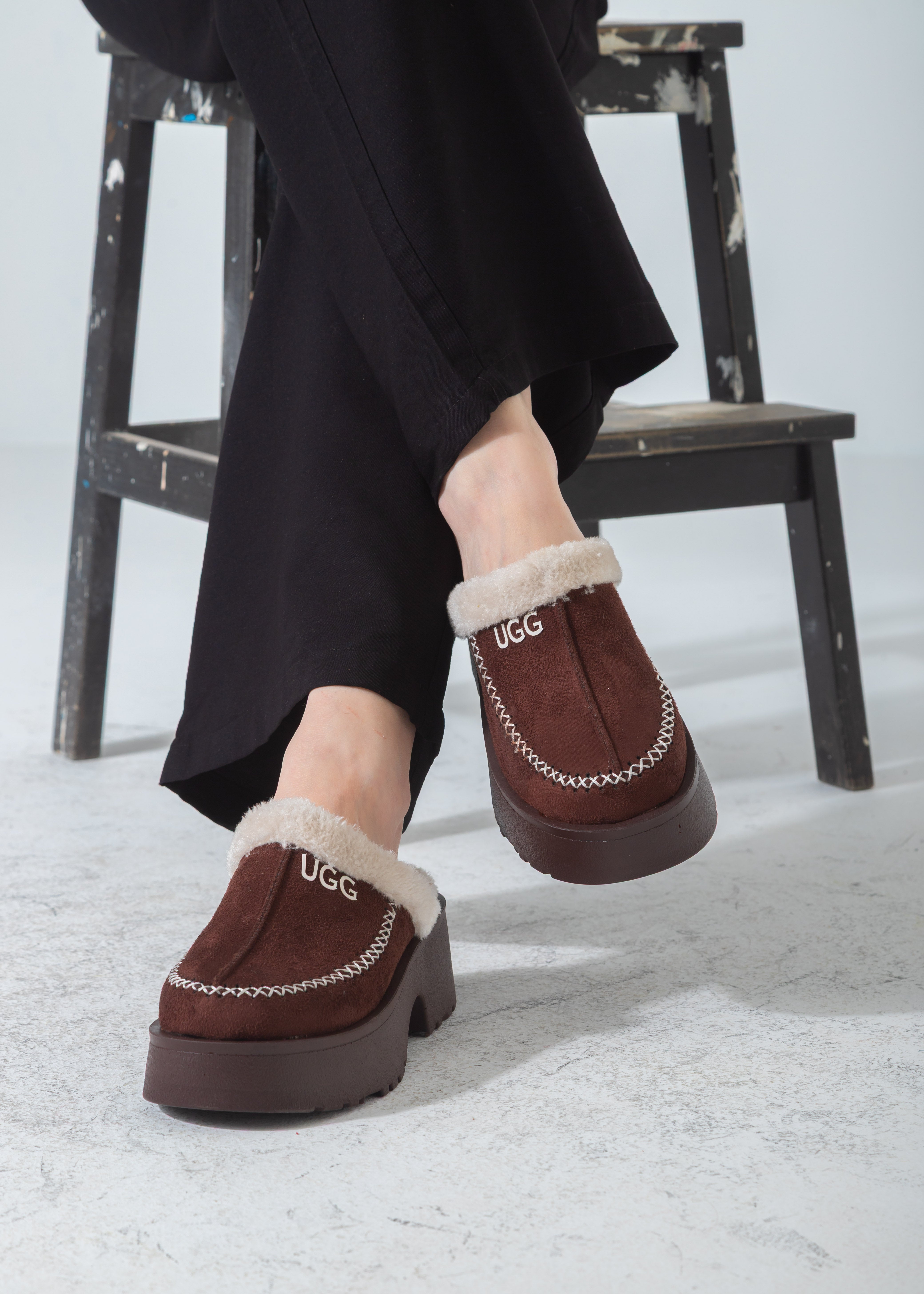 Suede Shearling-Lined Platform Clog-brown