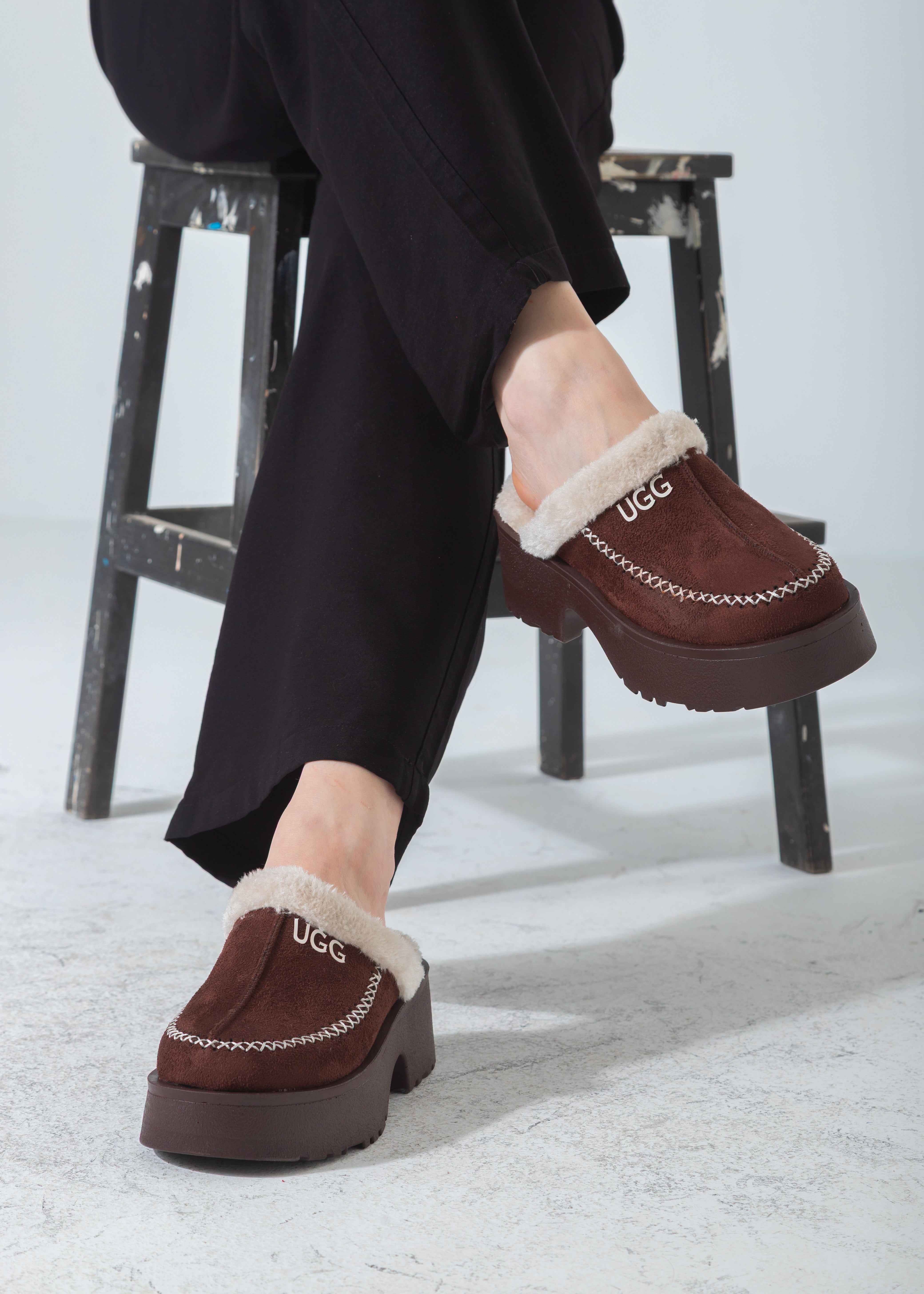 Suede Shearling-Lined Platform Clog-brown