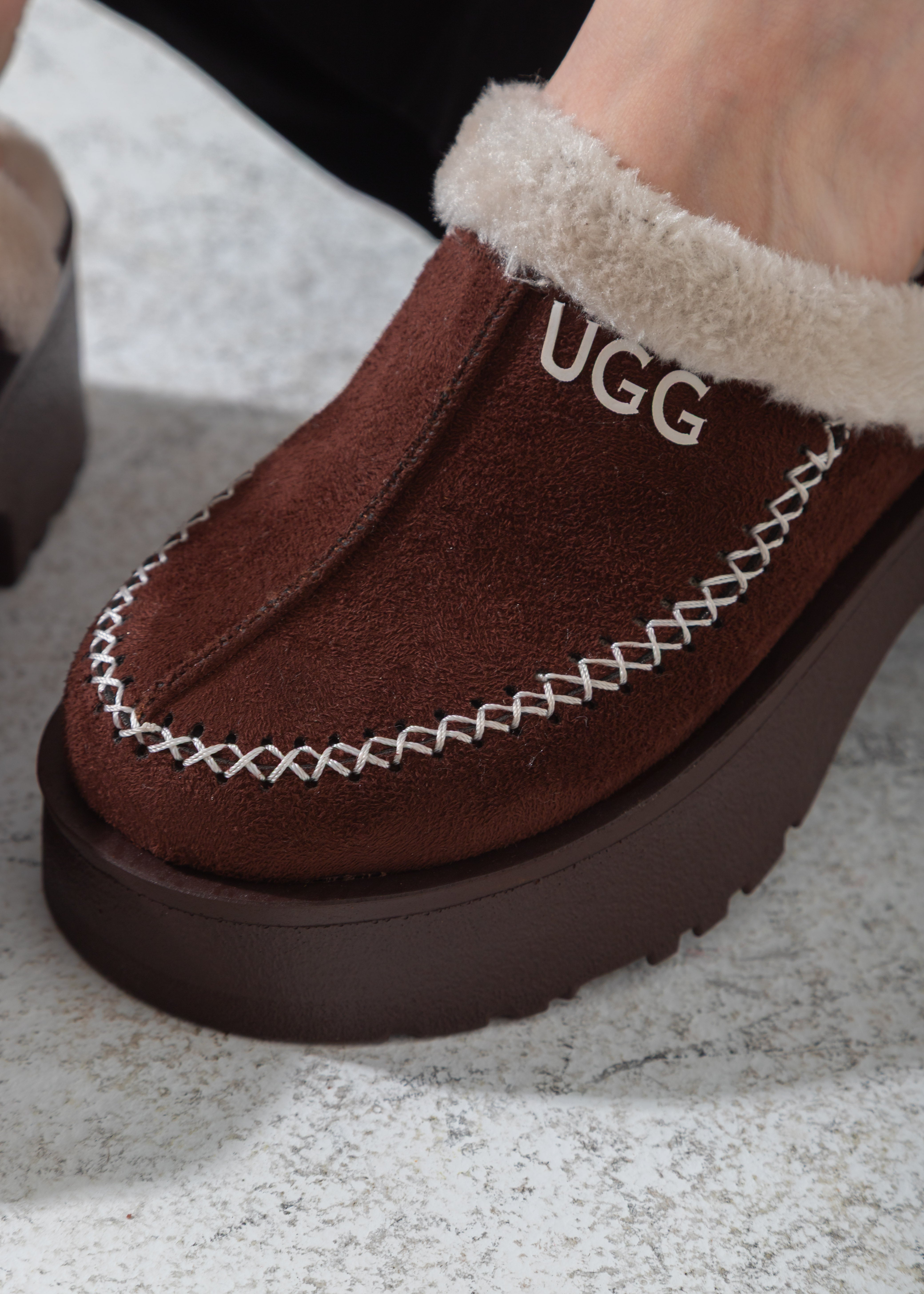 Suede Shearling-Lined Platform Clog-brown
