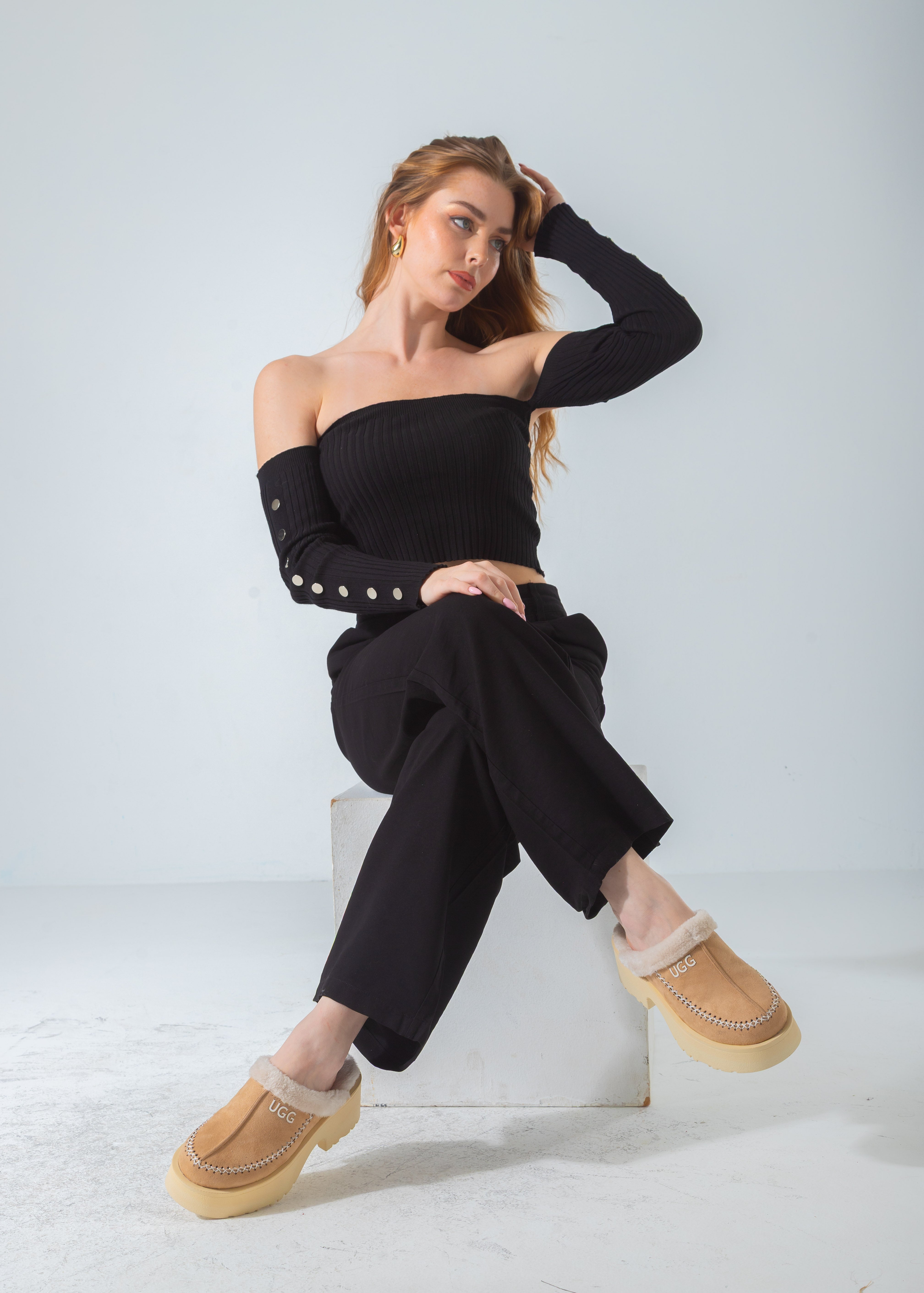 Suede Shearling-Lined Platform Clog-beige