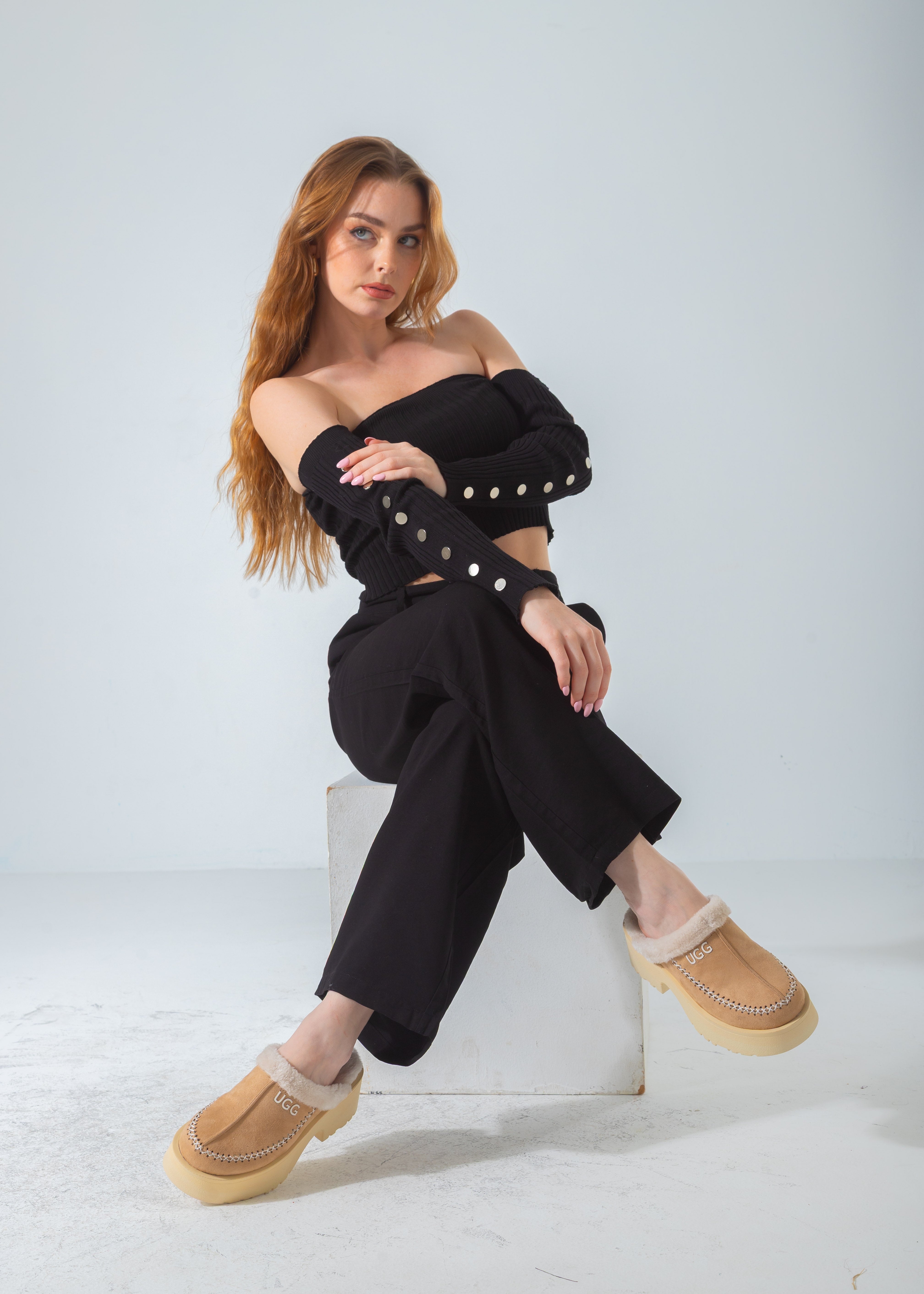 Suede Shearling-Lined Platform Clog-beige