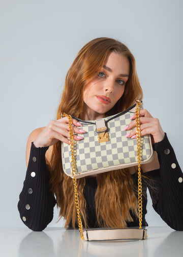Embossed Chain Shoulder Bag-beige