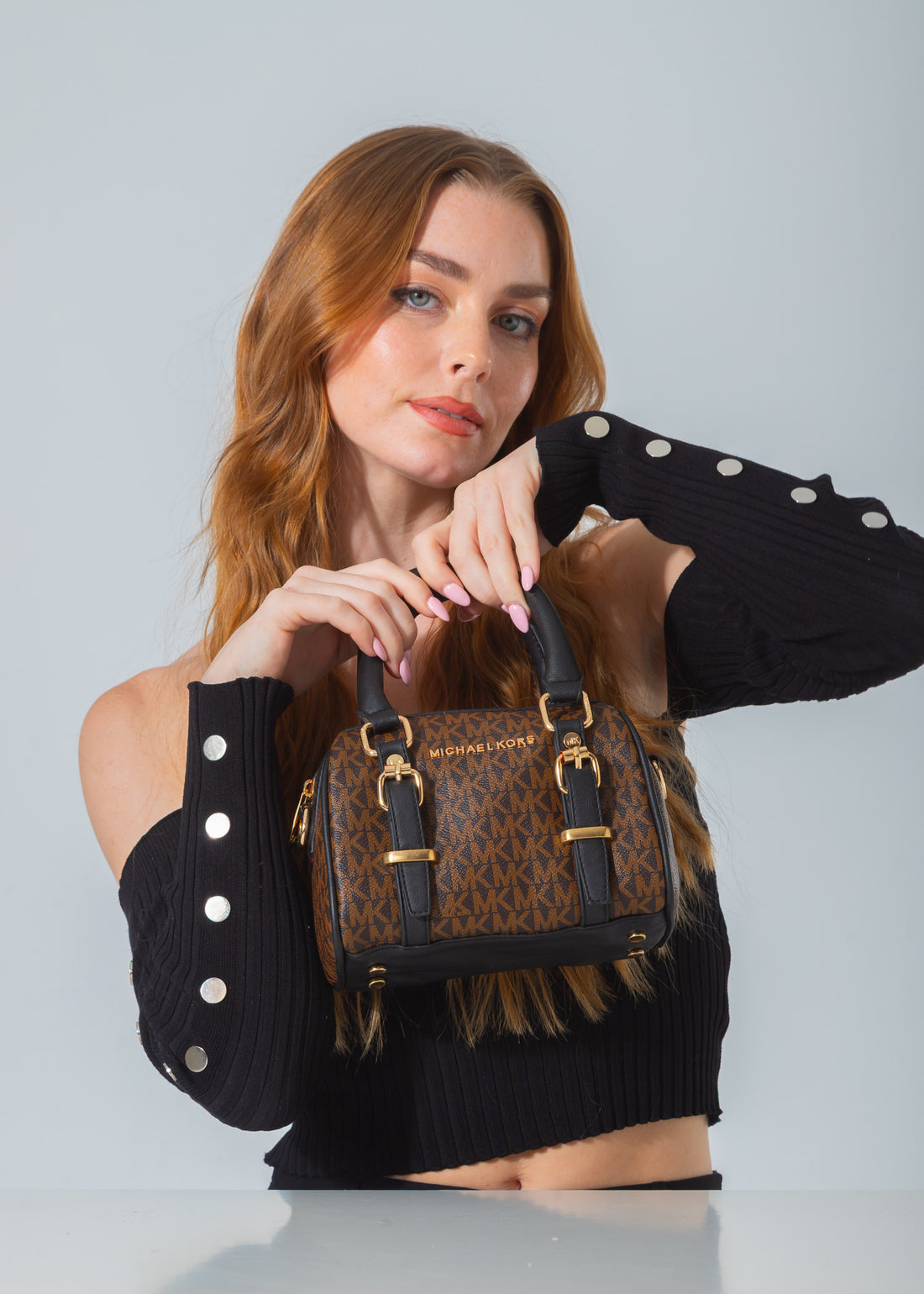 Buckled Mini Duffle Satchel Bag-black